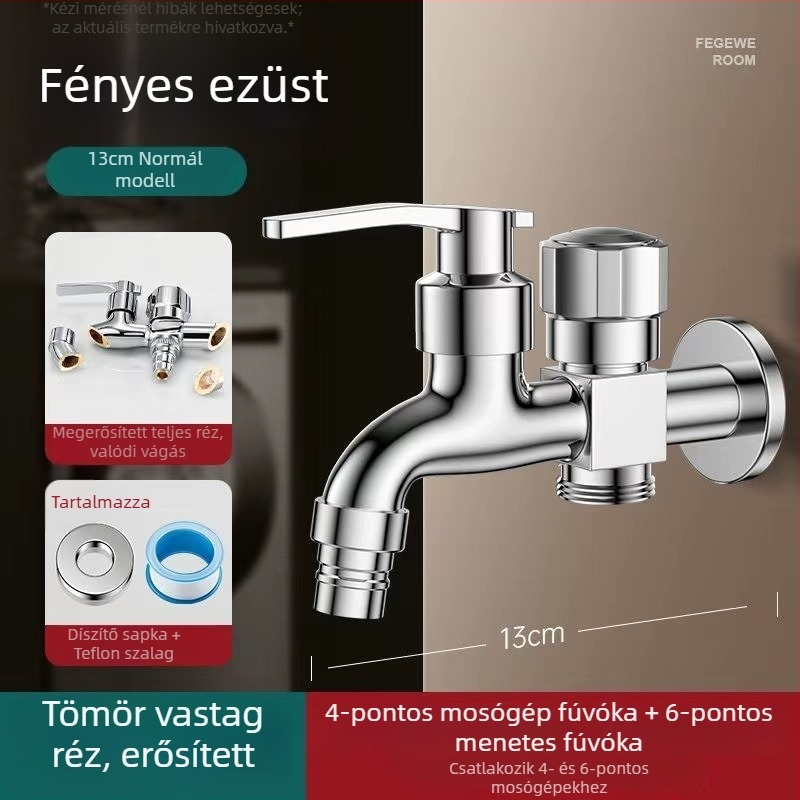 Mosógép csaptele duális kiáramlással, rézötvözet, kerámiás szeleppel, elektroplakált felület, gombos telepítés