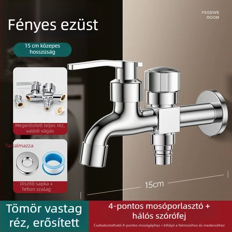 Mosógép csaptele duális kiáramlással, rézötvözet, kerámiás szeleppel, elektroplakált felület, gombos telepítés