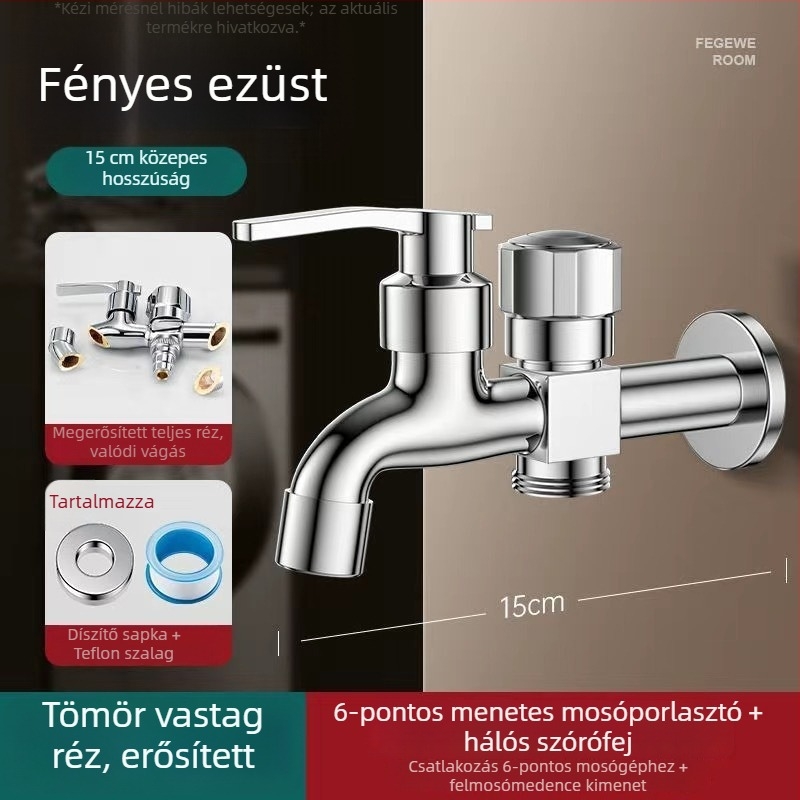 Mosógép csaptele duális kiáramlással, rézötvözet, kerámiás szeleppel, elektroplakált felület, gombos telepítés