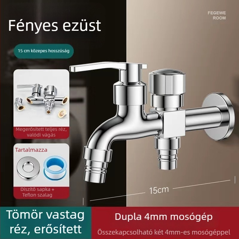 Mosógép csaptele duális kiáramlással, rézötvözet, kerámiás szeleppel, elektroplakált felület, gombos telepítés