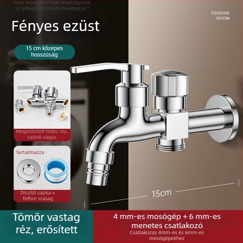 Mosógép csaptele duális kiáramlással, rézötvözet, kerámiás szeleppel, elektroplakált felület, gombos telepítés