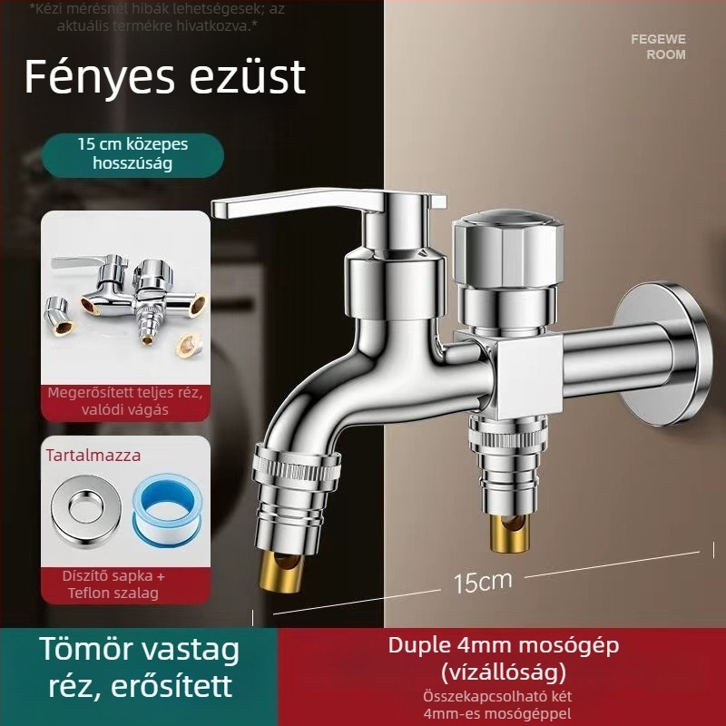 Mosógép csaptele duális kiáramlással, rézötvözet, kerámiás szeleppel, elektroplakált felület, gombos telepítés