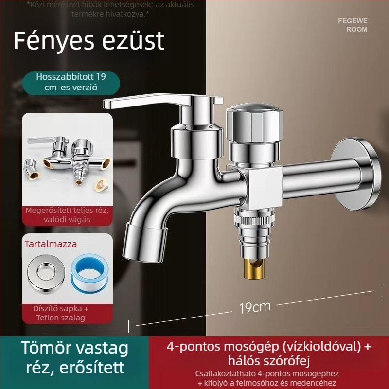 Mosógép csaptele duális kiáramlással, rézötvözet, kerámiás szeleppel, elektroplakált felület, gombos telepítés