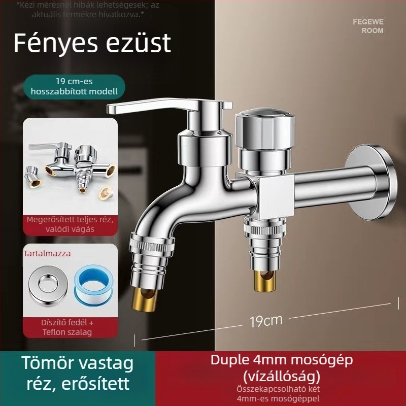 Mosógép csaptele duális kiáramlással, rézötvözet, kerámiás szeleppel, elektroplakált felület, gombos telepítés