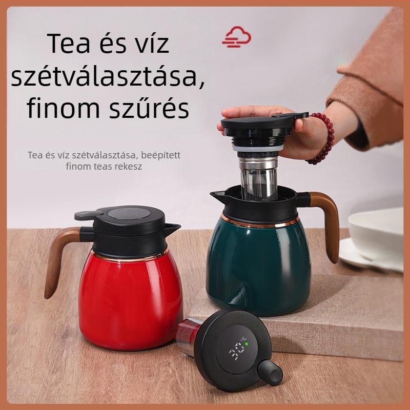 316 rozsdamentes acél izolált teáskanna fa mintás fogantyúval, háztartási teakeveréshez, hőmérséklet kijelzővel