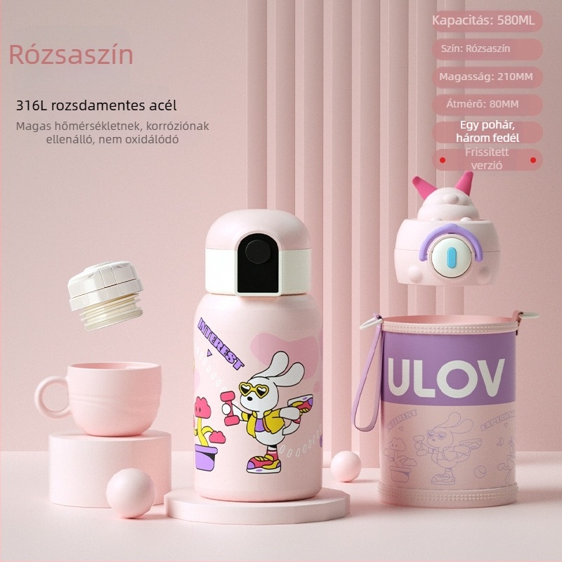 Fuguang 316L rozsdamentes acél szigetelt gyerekeknek pohár szívószállal, nagy kapacitású termosz, tea rekesz, rajzfilm dizájn