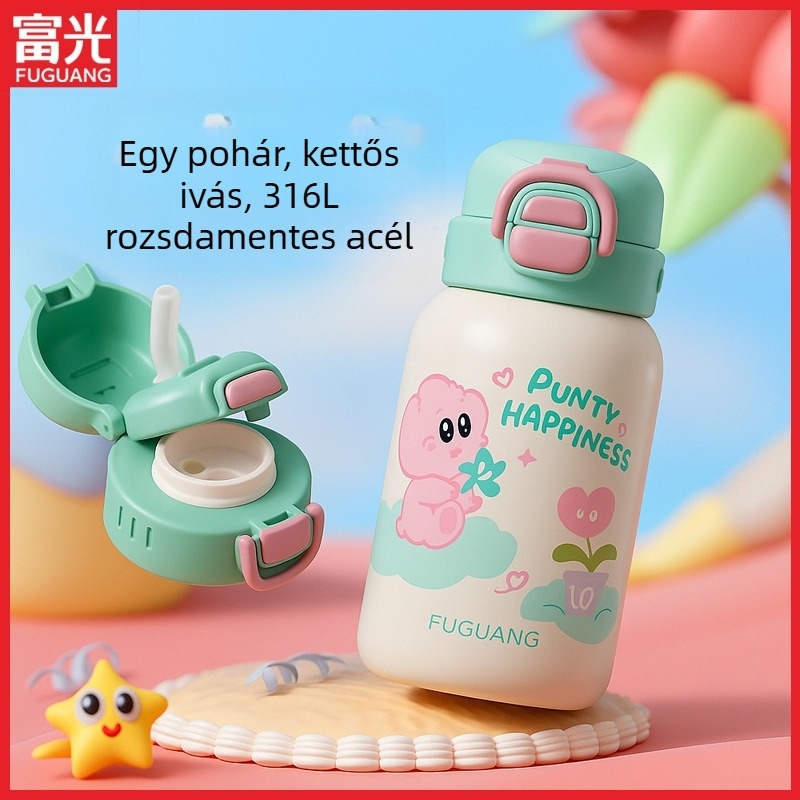 Fuguang 316L rozsdamentes acél szigetelt gyerekeknek pohár szívószállal, nagy kapacitású termosz, tea rekesz, rajzfilm dizájn