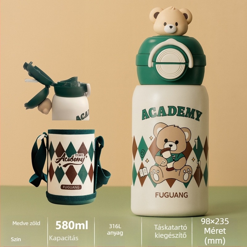 Fuguang 316L rozsdamentes acél szigetelt gyerekeknek pohár szívószállal, nagy kapacitású termosz, tea rekesz, rajzfilm dizájn
