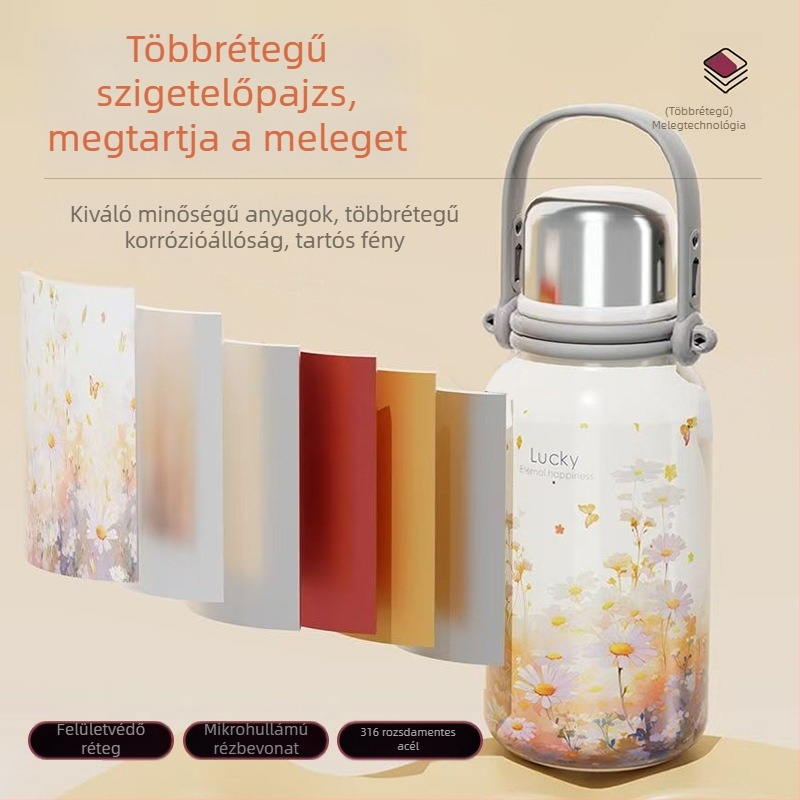Termosz kupa 316 rozsdamentes acél belső, külső fal 201 rozsdamentes acél, vákuum szigetelés 6–12 óra, fogantyúval, hordozható, testre szabható logó