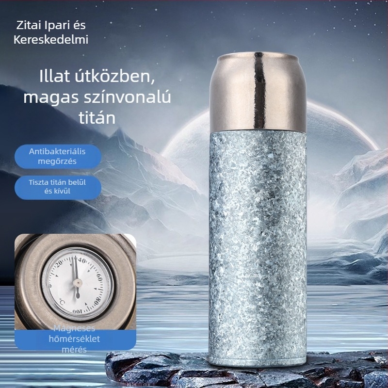 QarKapacitású titán termosz pohár mechanikus hőmérséklet kijelzővel, belső és külső titán test, kettős rétegű vákuum szigetelés, tea és víz elválasztása