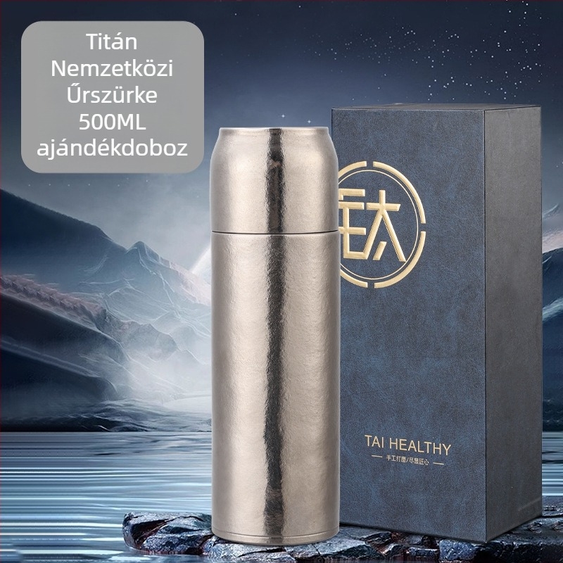 QarKapacitású titán termosz pohár mechanikus hőmérséklet kijelzővel, belső és külső titán test, kettős rétegű vákuum szigetelés, tea és víz elválasztása