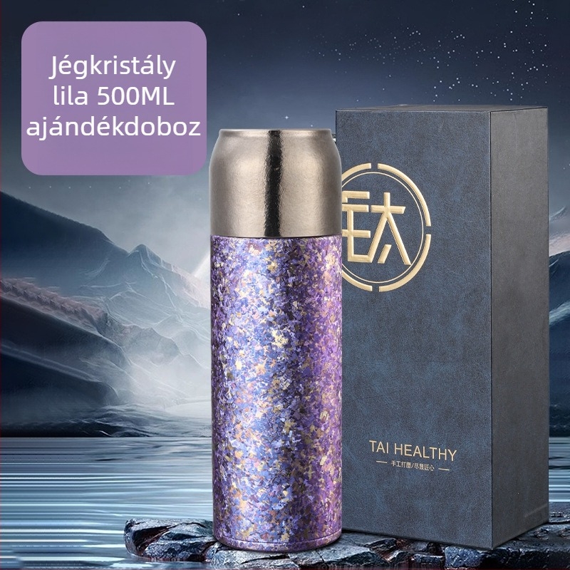 QarKapacitású titán termosz pohár mechanikus hőmérséklet kijelzővel, belső és külső titán test, kettős rétegű vákuum szigetelés, tea és víz elválasztása