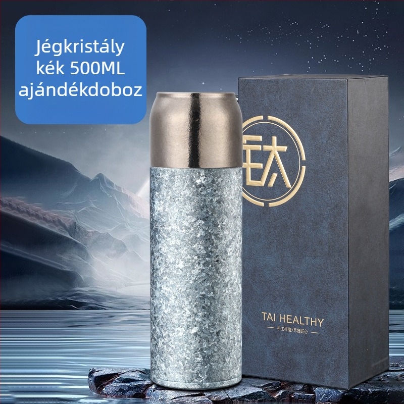 QarKapacitású titán termosz pohár mechanikus hőmérséklet kijelzővel, belső és külső titán test, kettős rétegű vákuum szigetelés, tea és víz elválasztása