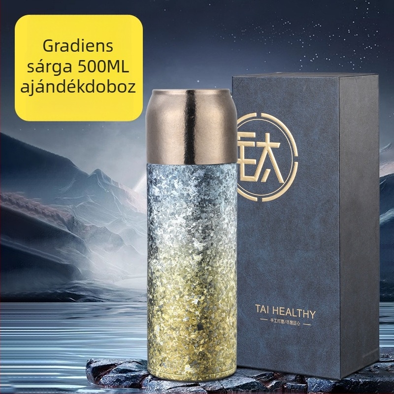 QarKapacitású titán termosz pohár mechanikus hőmérséklet kijelzővel, belső és külső titán test, kettős rétegű vákuum szigetelés, tea és víz elválasztása