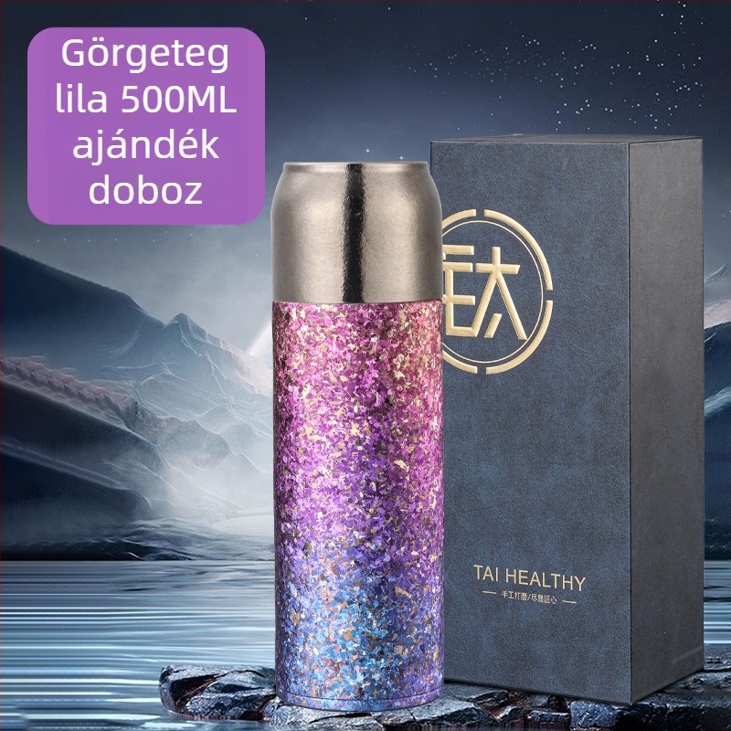 QarKapacitású titán termosz pohár mechanikus hőmérséklet kijelzővel, belső és külső titán test, kettős rétegű vákuum szigetelés, tea és víz elválasztása