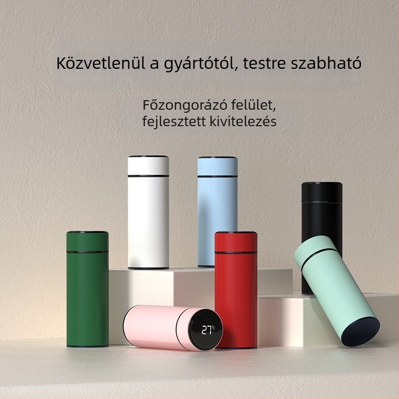 Intelligens hőmérséklet-kijelzővel ellátott termosz pohár, tea és víz elválasztás, belső 304 rozsdamentes acél, egyenes forma, 6–12 órás szigetelés