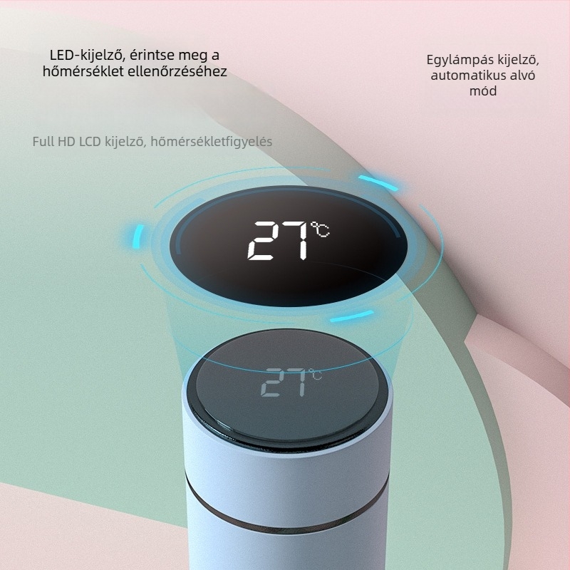 Intelligens hőmérséklet-kijelzővel ellátott termosz pohár, tea és víz elválasztás, belső 304 rozsdamentes acél, egyenes forma, 6–12 órás szigetelés