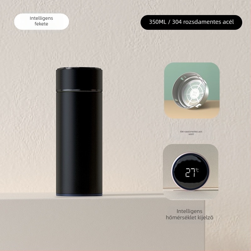 Intelligens hőmérséklet-kijelzővel ellátott termosz pohár, tea és víz elválasztás, belső 304 rozsdamentes acél, egyenes forma, 6–12 órás szigetelés