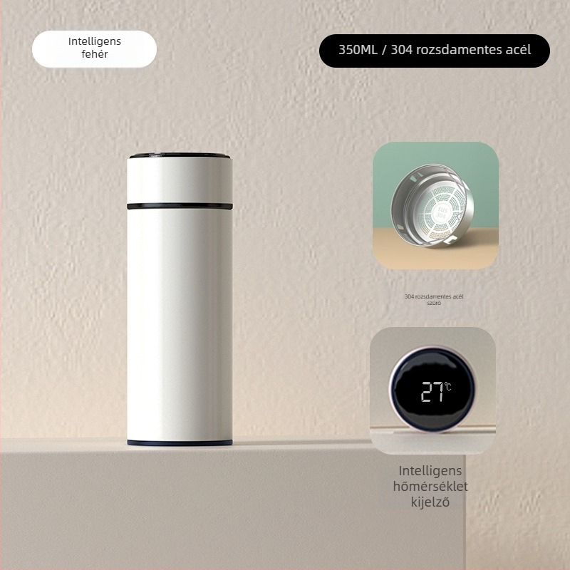 Intelligens hőmérséklet-kijelzővel ellátott termosz pohár, tea és víz elválasztás, belső 304 rozsdamentes acél, egyenes forma, 6–12 órás szigetelés