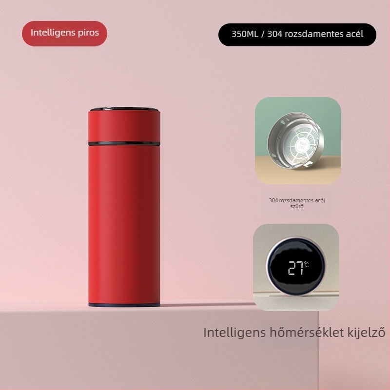 Intelligens hőmérséklet-kijelzővel ellátott termosz pohár, tea és víz elválasztás, belső 304 rozsdamentes acél, egyenes forma, 6–12 órás szigetelés