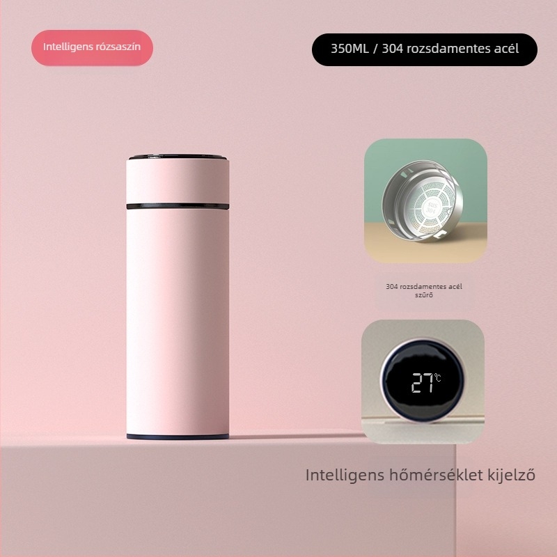 Intelligens hőmérséklet-kijelzővel ellátott termosz pohár, tea és víz elválasztás, belső 304 rozsdamentes acél, egyenes forma, 6–12 órás szigetelés