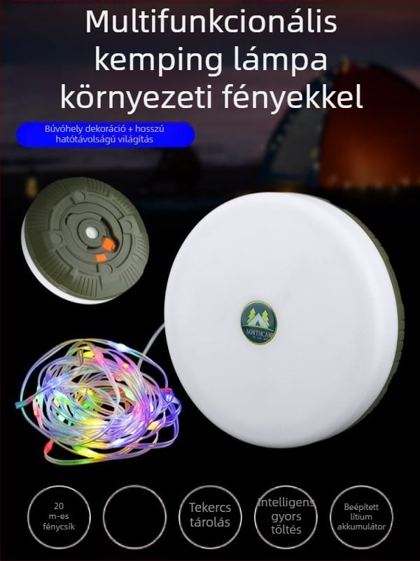Kemping LED világítás, 20 m hosszú sorral, akkumulátorról működik, 3,7 V, 5 W, gombkapcsoló