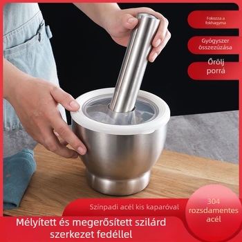 Fokhagyma nyomó 304 rozsdamentes acélból, szilárd mozsár, kézi működtetésű, hagyományos konyhai őrlő
