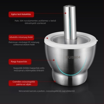 Fokhagyma nyomó 304 rozsdamentes acélból, szilárd mozsár, kézi működtetésű, hagyományos konyhai őrlő