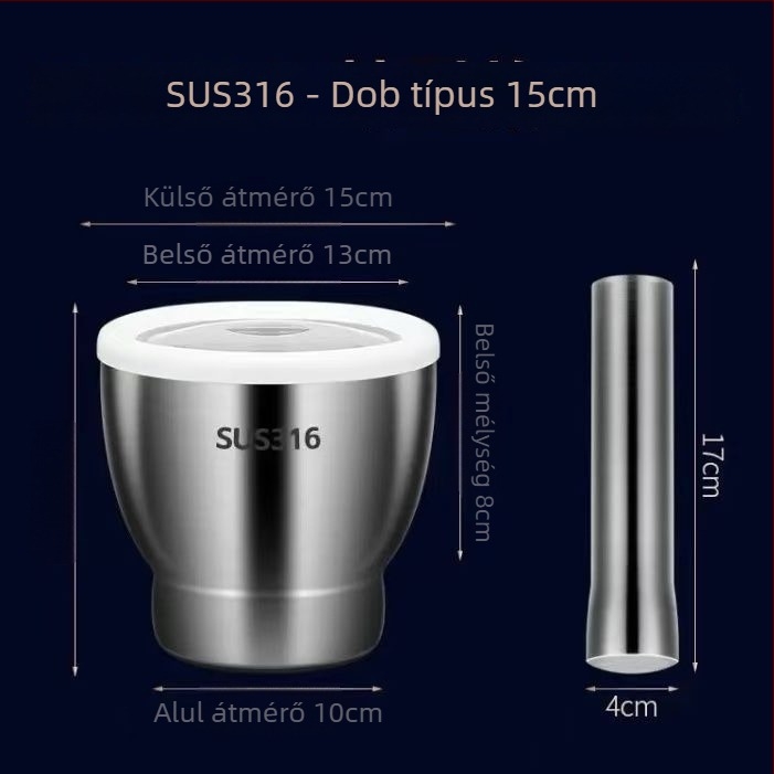 Fokhagyma nyomó 304 rozsdamentes acélból, szilárd mozsár, kézi működtetésű, hagyományos konyhai őrlő