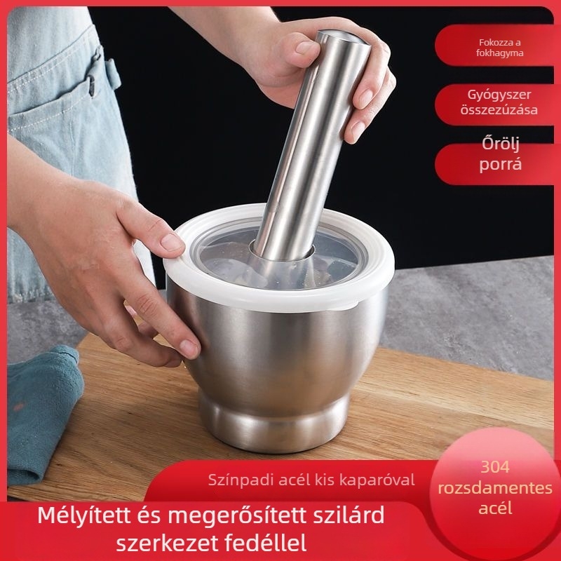 Fokhagyma nyomó 304 rozsdamentes acélból, szilárd mozsár, kézi működtetésű, hagyományos konyhai őrlő
