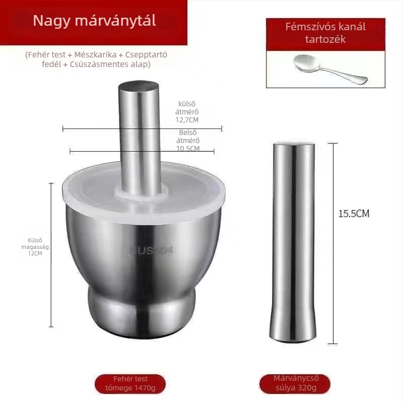 Fokhagyma nyomó 304 rozsdamentes acélból, szilárd mozsár, kézi működtetésű, hagyományos konyhai őrlő