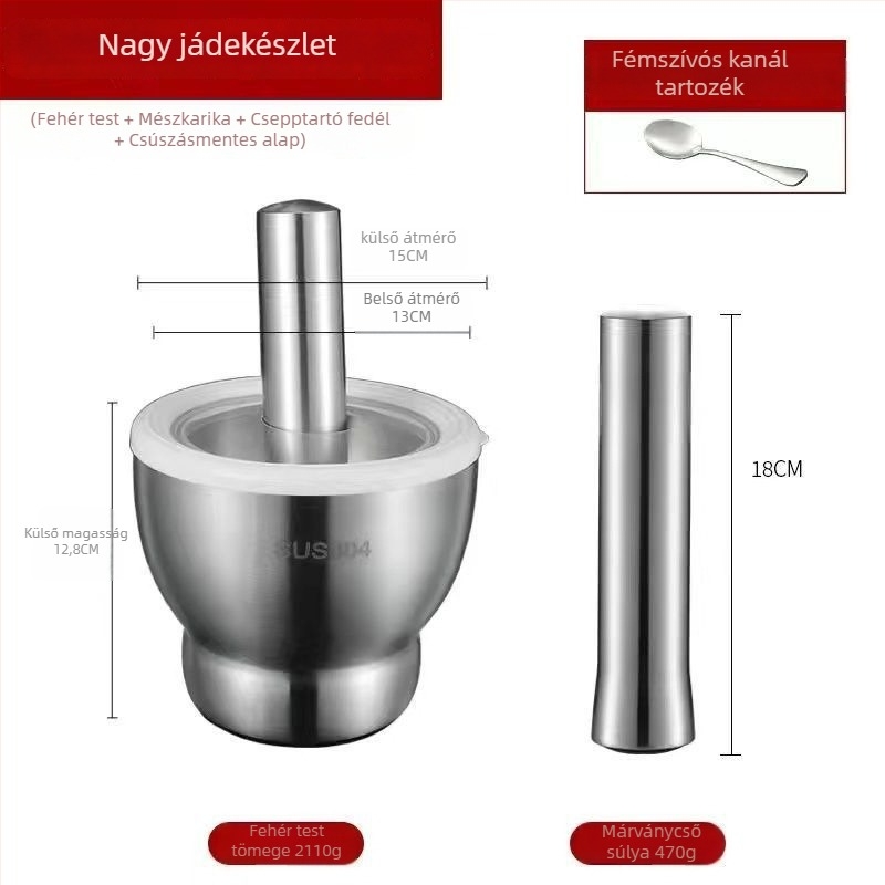 Fokhagyma nyomó 304 rozsdamentes acélból, szilárd mozsár, kézi működtetésű, hagyományos konyhai őrlő