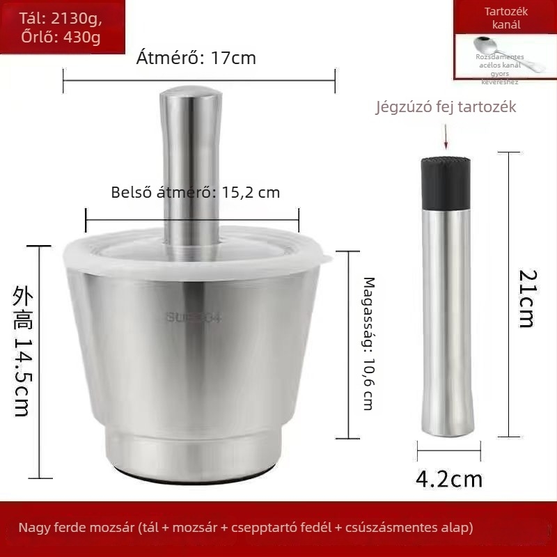 Fokhagyma nyomó 304 rozsdamentes acélból, szilárd mozsár, kézi működtetésű, hagyományos konyhai őrlő