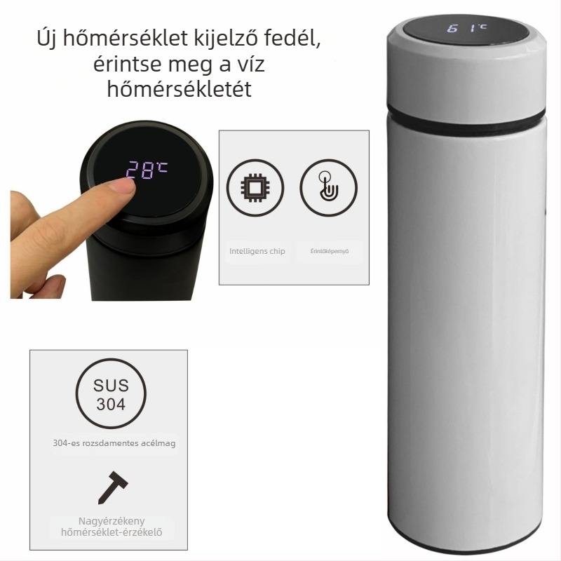 Termosz pohár vákuumos izolációval, belső 304 rozsdamentes acél, külső 201 rozsdamentes acél, logó nyomtatás hőtranszferrel, egyenes dizájn, könnyű luxus