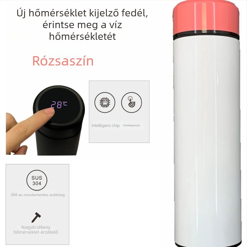 Termosz pohár vákuumos izolációval, belső 304 rozsdamentes acél, külső 201 rozsdamentes acél, logó nyomtatás hőtranszferrel, egyenes dizájn, könnyű luxus