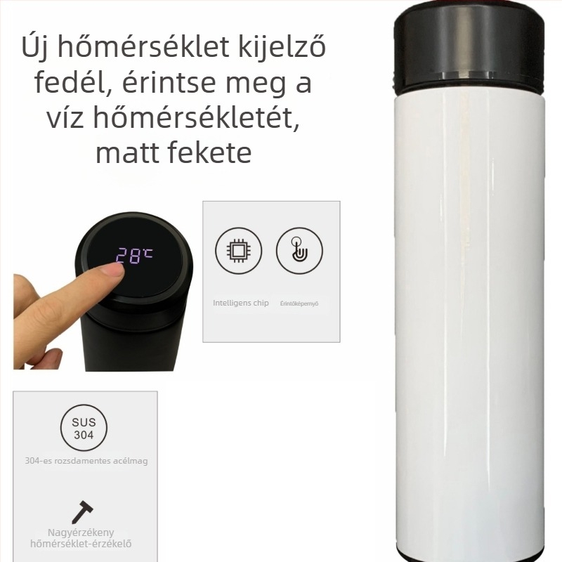 Termosz pohár vákuumos izolációval, belső 304 rozsdamentes acél, külső 201 rozsdamentes acél, logó nyomtatás hőtranszferrel, egyenes dizájn, könnyű luxus