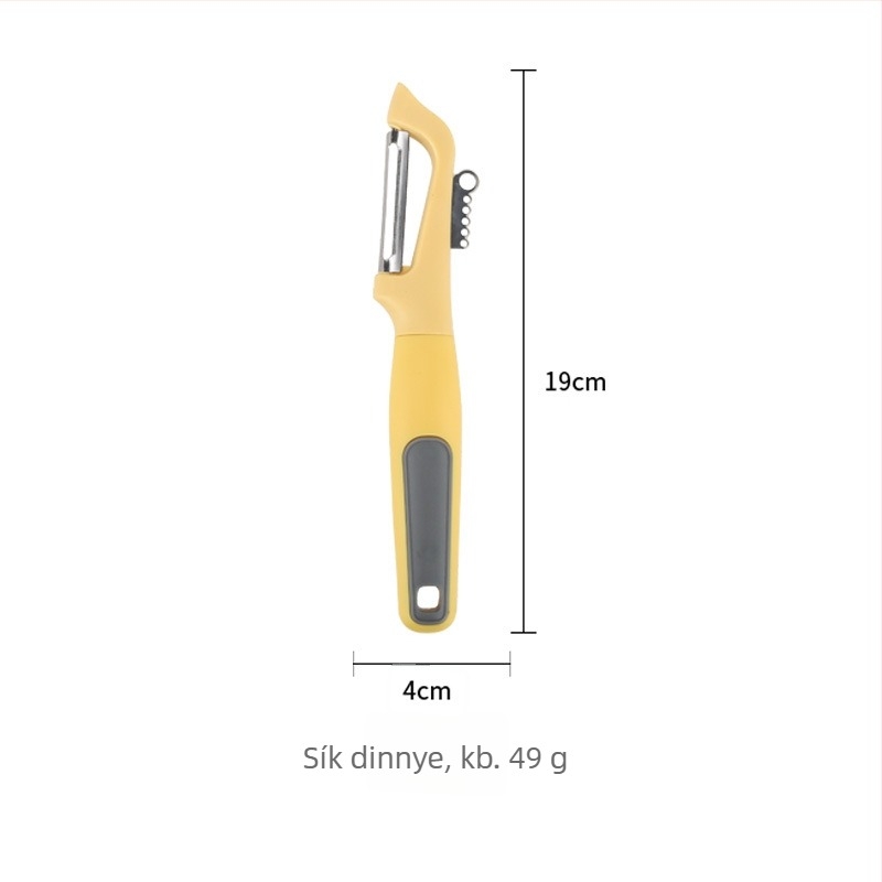 Konyhai kütyük készlet: hámozó, torta spatula, gyümölcs vágó és üvegnyitó; fa/PP fogantyúk; ABS alkatrészek; 430 rozsdamentes acélpengék.