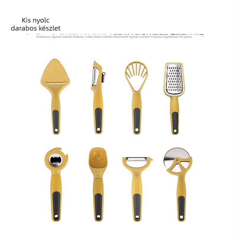 Konyhai kütyük készlet: hámozó, torta spatula, gyümölcs vágó és üvegnyitó; fa/PP fogantyúk; ABS alkatrészek; 430 rozsdamentes acélpengék.