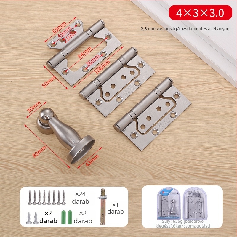 Rozsdamentes acélból készült három az egyben pántkészlet fa ajtókhoz – csatornázás nélküli, vastított, csendes működés