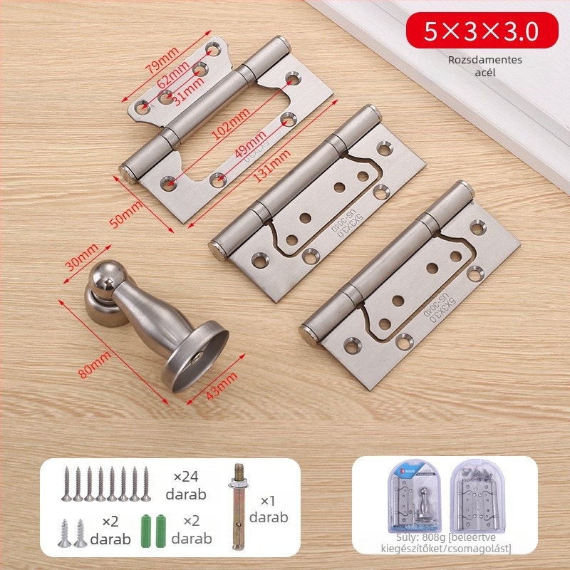 Rozsdamentes acélból készült három az egyben pántkészlet fa ajtókhoz – csatornázás nélküli, vastított, csendes működés