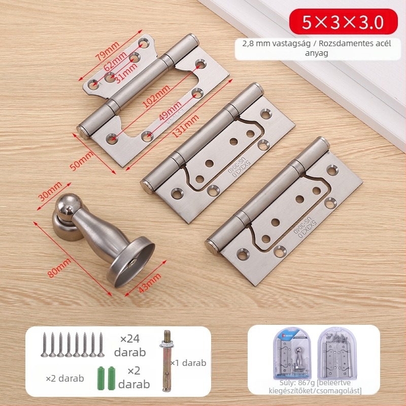 Rozsdamentes acélból készült három az egyben pántkészlet fa ajtókhoz – csatornázás nélküli, vastított, csendes működés