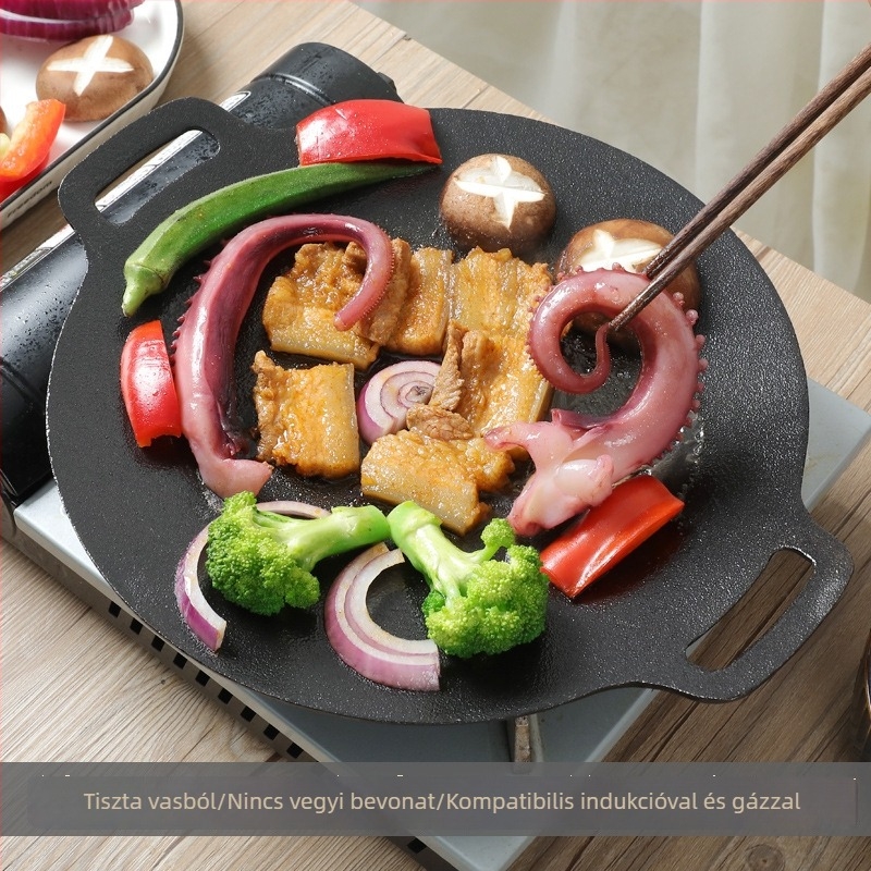 Kör alakú öntöttvas grilllap kültéri használatra, koreai stílusú barbecue, bevonat nélküli grillserpenyő