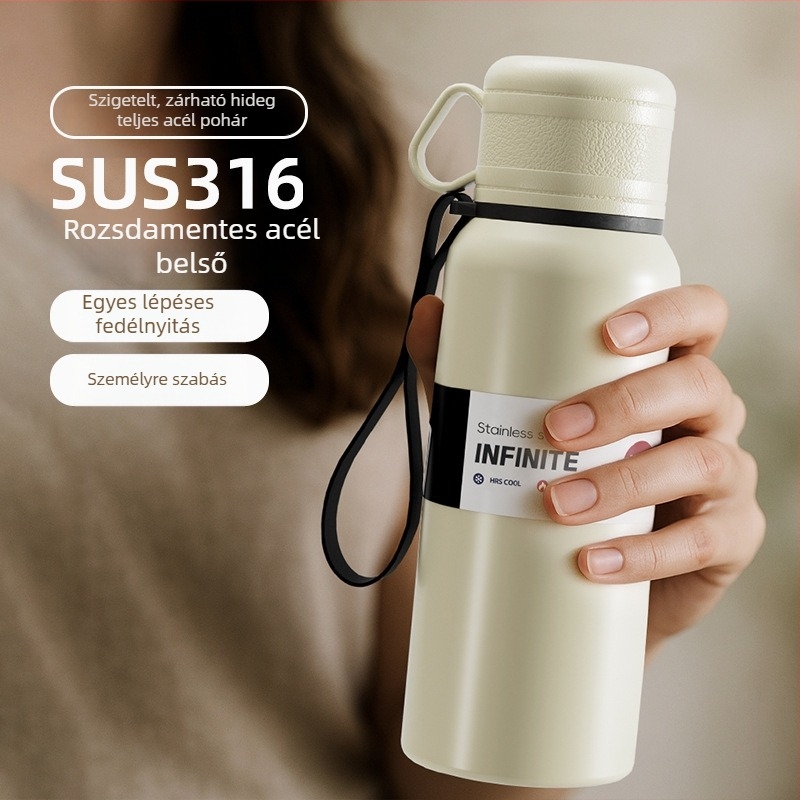 Kétfedeles termosz pohár tea- és víz szétválasztással, belső 316 rozsdamentes acél, külső 201 rozsdamentes acél, vákuum szigetelés, hordozható autóhoz