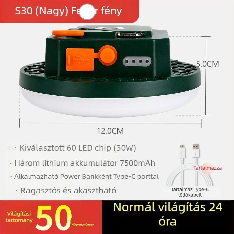 Kemping LED sátorvilágítás – kinetikus energiával működik, vízálló, hordozható