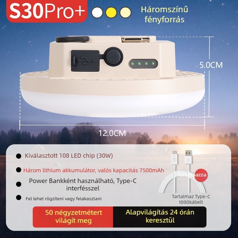 Kemping LED sátorvilágítás – kinetikus energiával működik, vízálló, hordozható