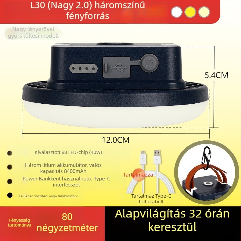 Kemping LED sátorvilágítás – kinetikus energiával működik, vízálló, hordozható