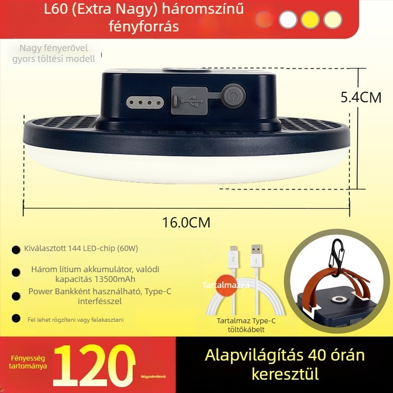 Kemping LED sátorvilágítás – kinetikus energiával működik, vízálló, hordozható