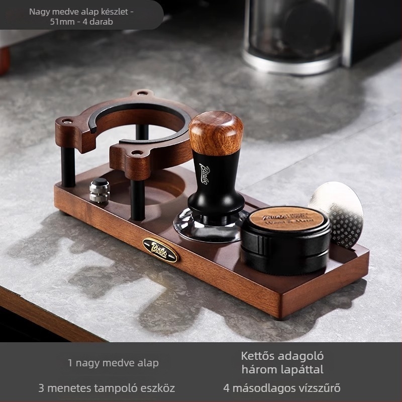 Fából készült kávéprés alap és tároló polc – Prémium asztali rendező kávéfőző kiegészítőkhöz, retro lux stílus