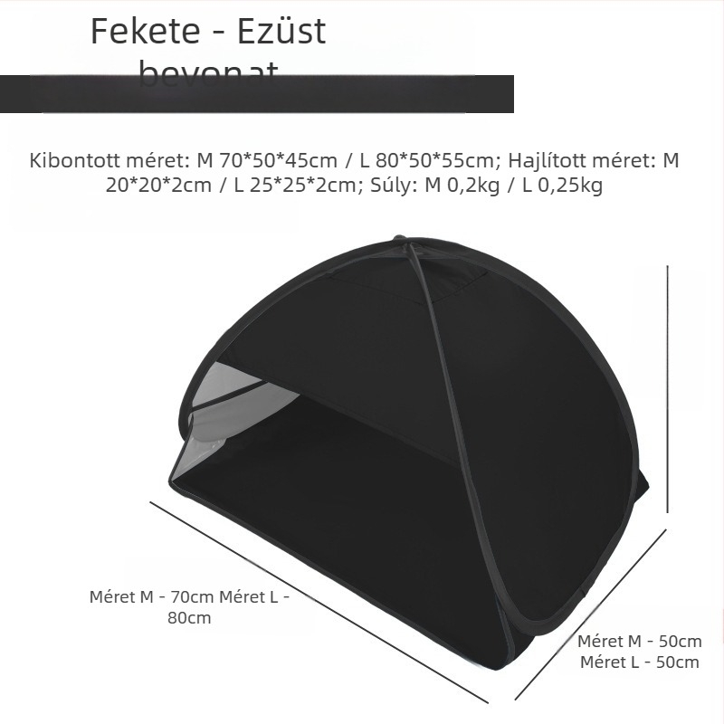Fejtámasz alvó sátor, gyorsnyitó, egyrétegű; súly 1,0 kg; galvanizált vasoszlopok; belső anyag 190T ezüstös poliészter Oxford; külső Oxford anyag; külső vízállóság <1000 mm; egész éves használat