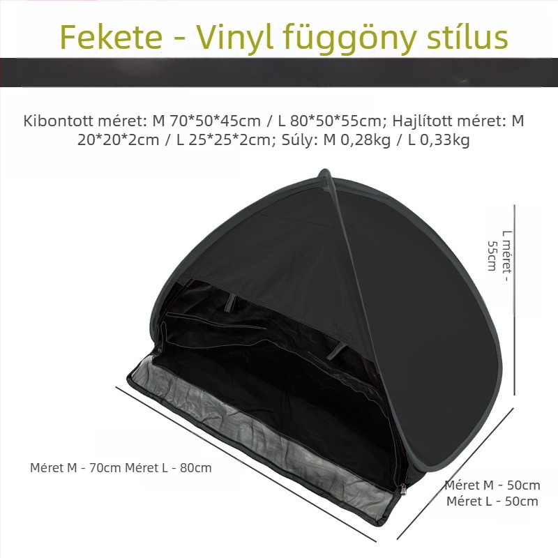 Fejtámasz alvó sátor, gyorsnyitó, egyrétegű; súly 1,0 kg; galvanizált vasoszlopok; belső anyag 190T ezüstös poliészter Oxford; külső Oxford anyag; külső vízállóság <1000 mm; egész éves használat